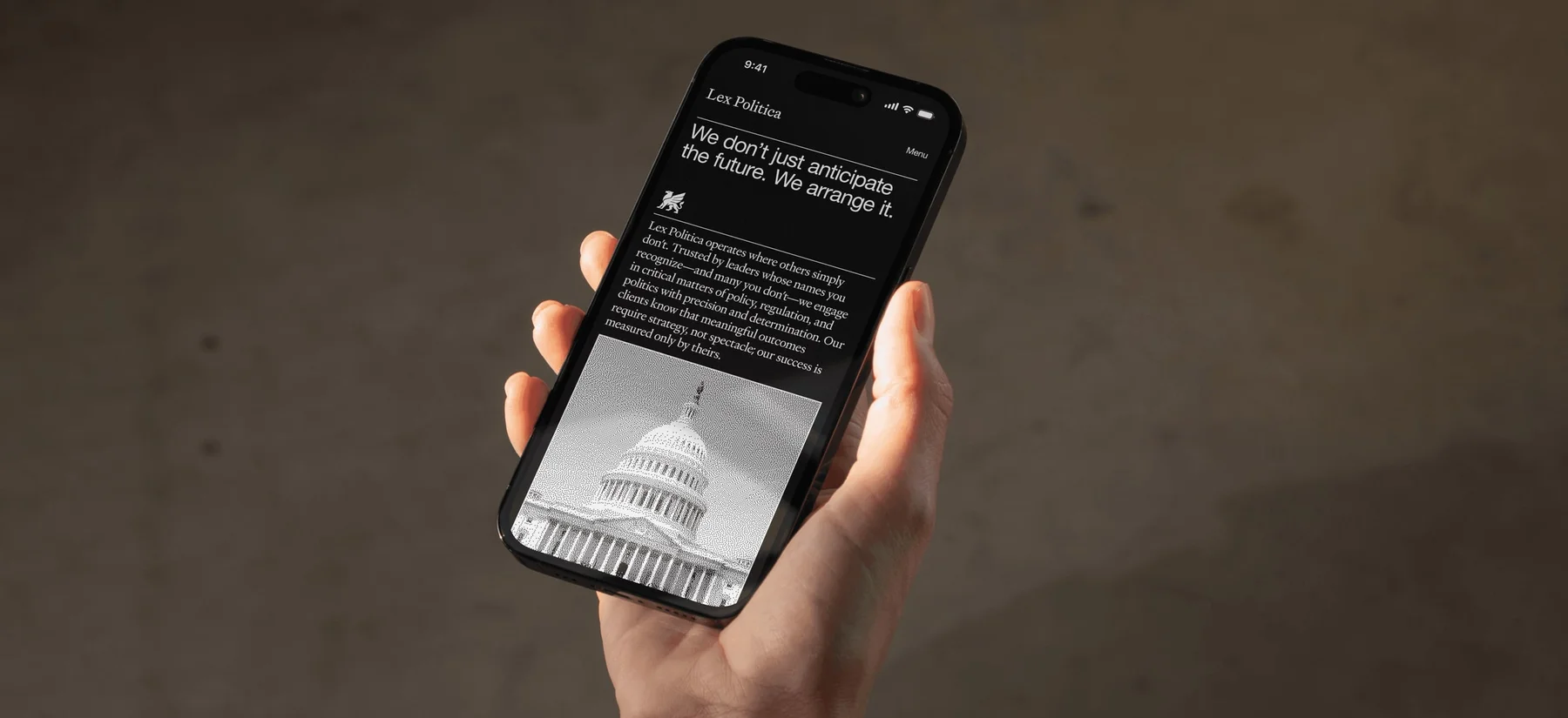 Black-and-white Lex Politica mobile website on a phone.