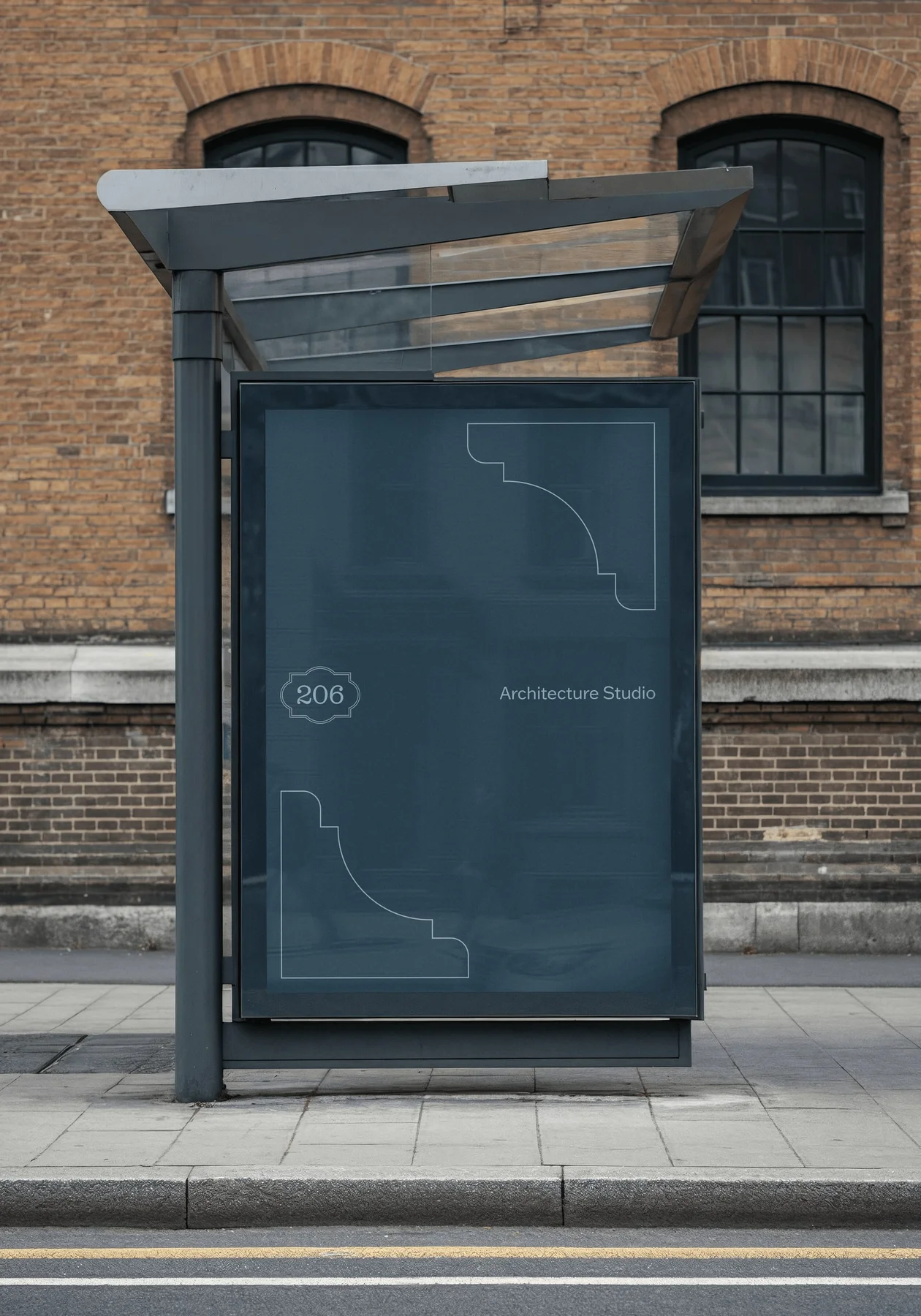 Dark blue 206 poster displayed at a bus shelter.