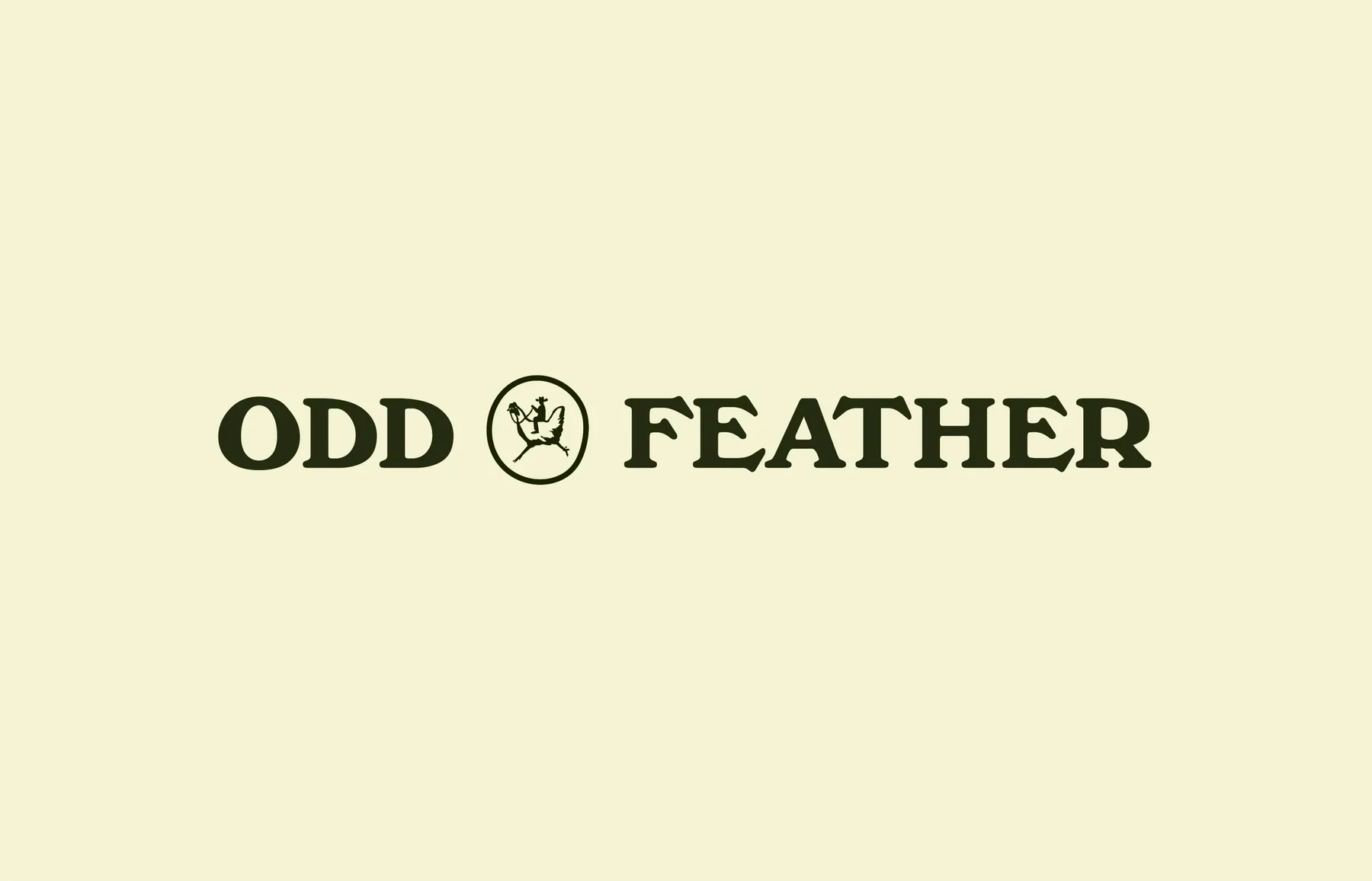 Dark Odd Feather wordmark and circular character emblem on pale cream.