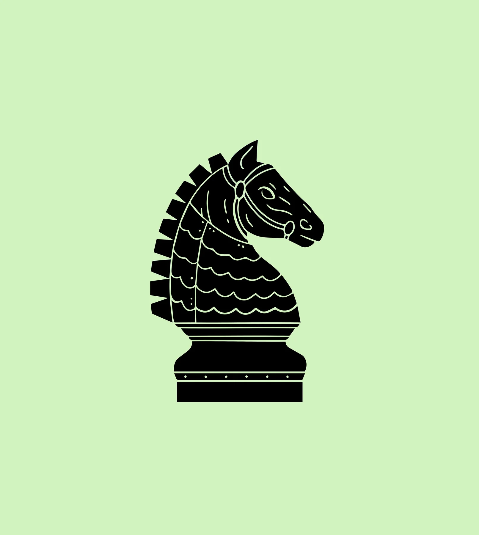 Black illustrated chess knight on pale green.