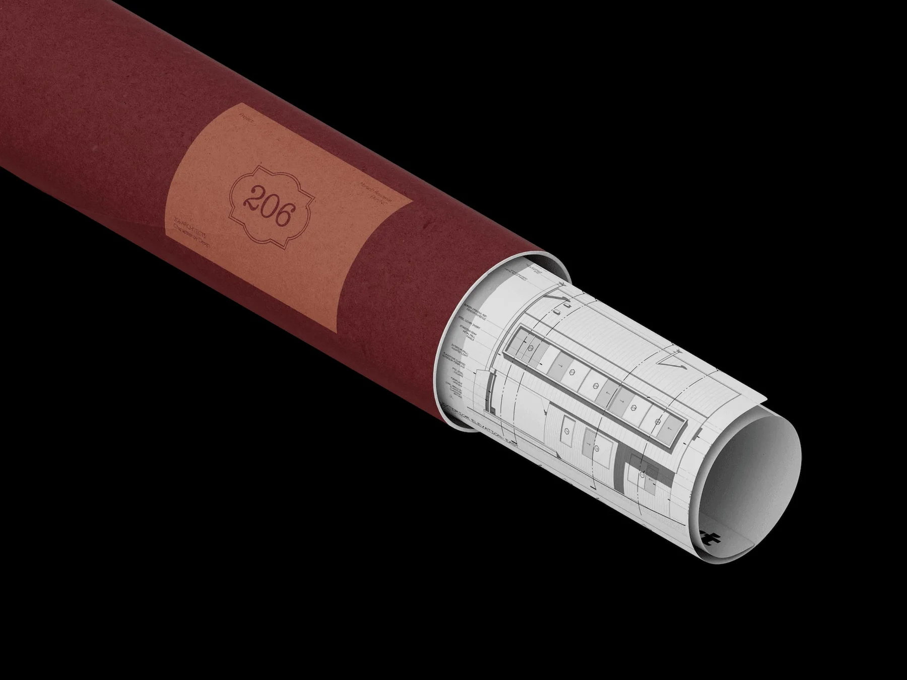Burgundy document tube with a 206 label and rolled architectural drawing.