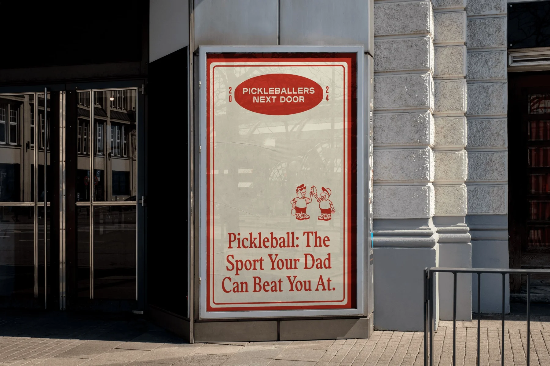 Pickleballers Next Door poster with red typography and illustrated players.