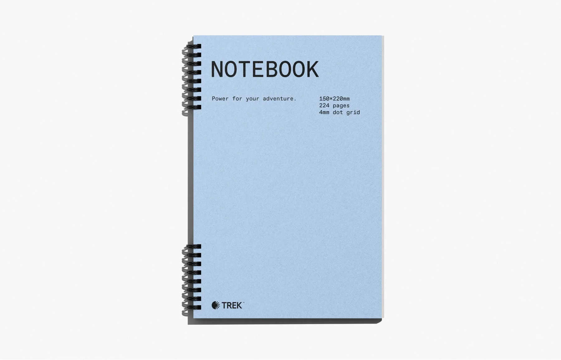 Pale blue Trek spiral notebook with black typography.