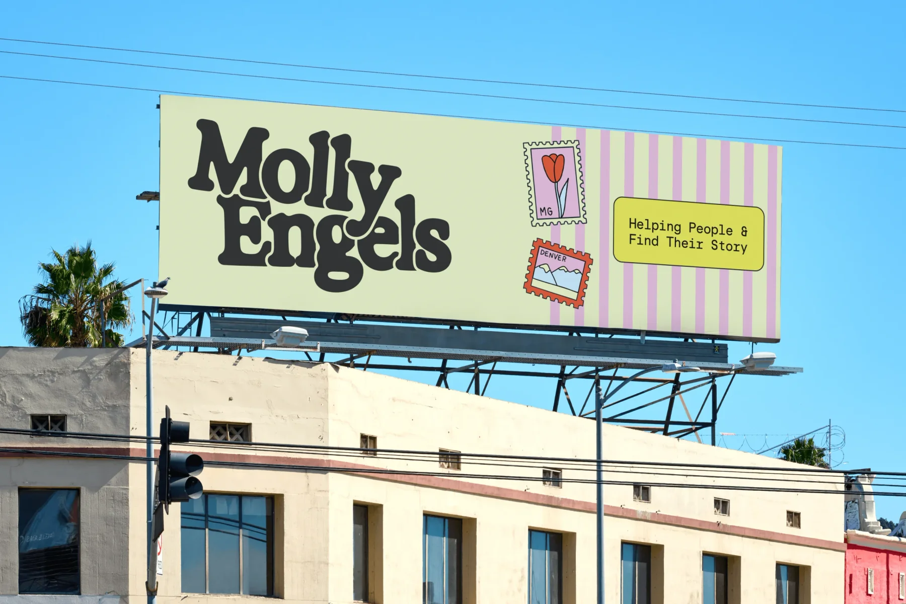 Pale yellow Molly Engels billboard with stamp illustrations and pink stripes.