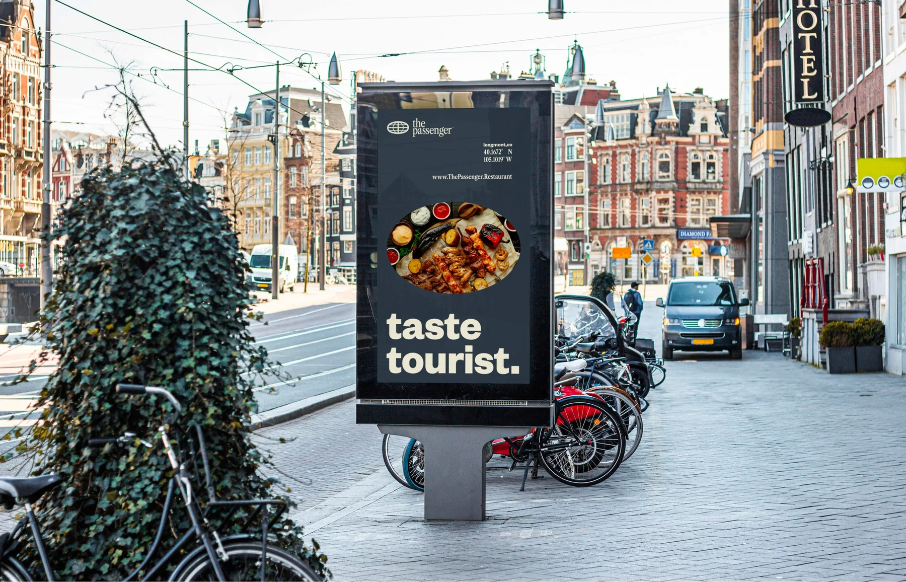 The Passenger street poster with food photography and Taste tourist headline.