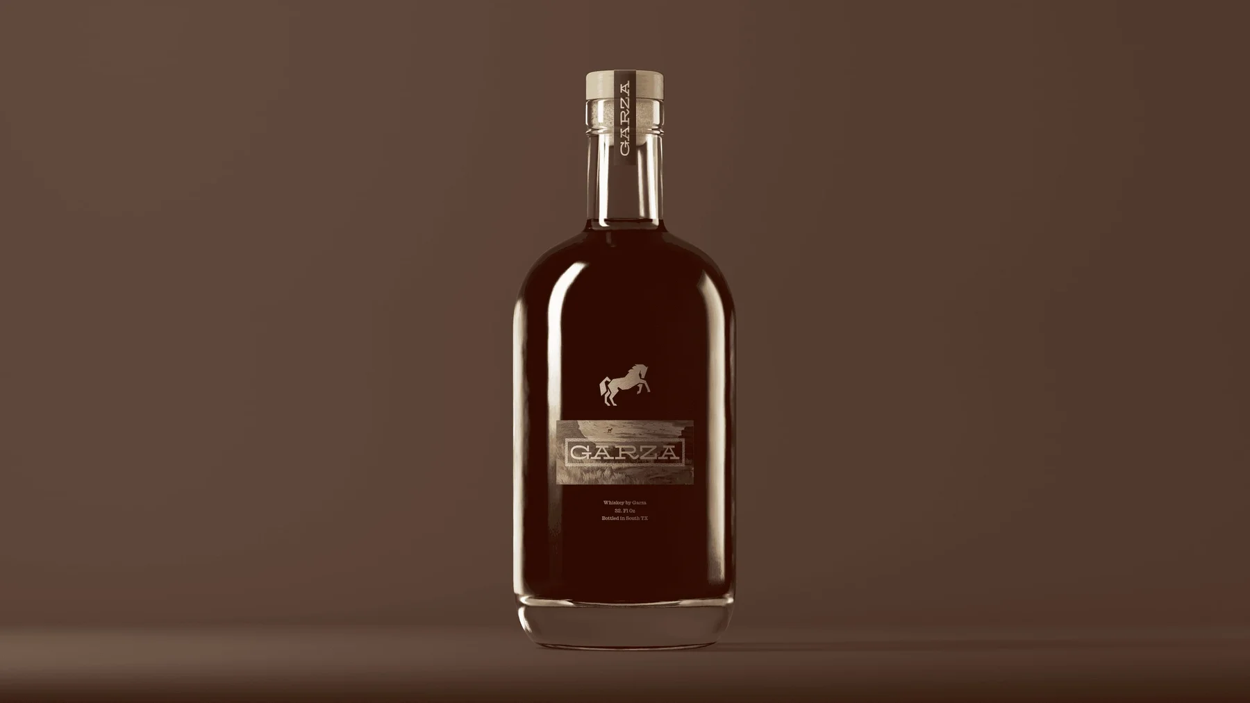 Garza-branded whiskey bottle against a warm brown background.