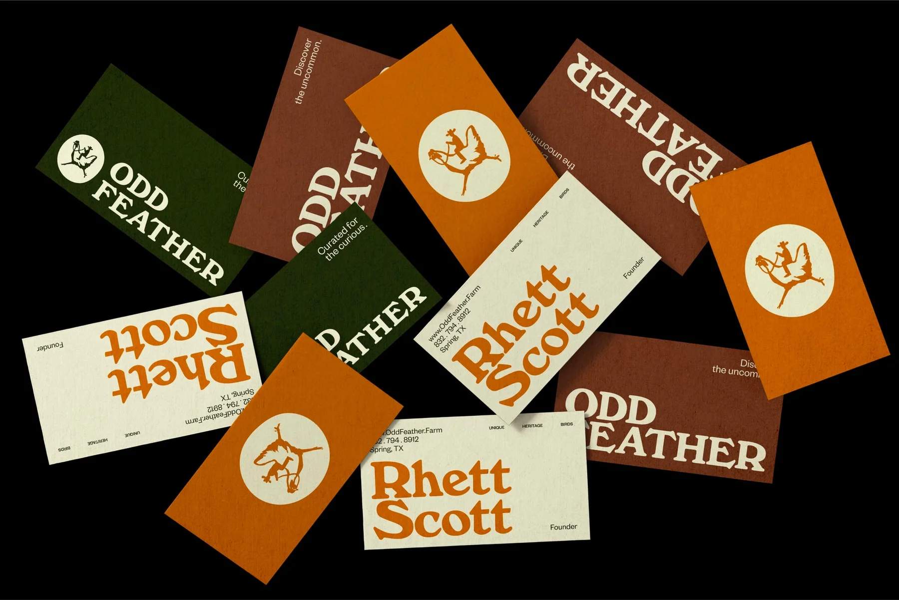 Odd Feather business cards in green, rust, orange, and cream.