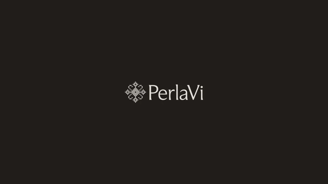 Cream PerlaVi wordmark and ornamental emblem on dark brown.