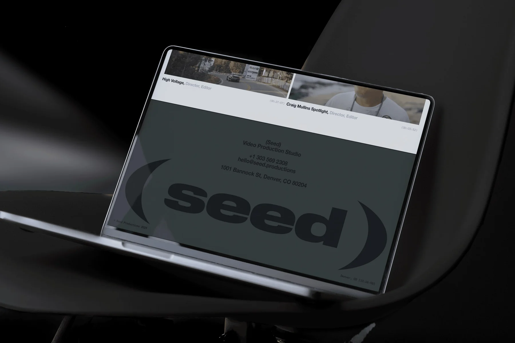 Close-up of the Seed website on a tablet resting on a chair.