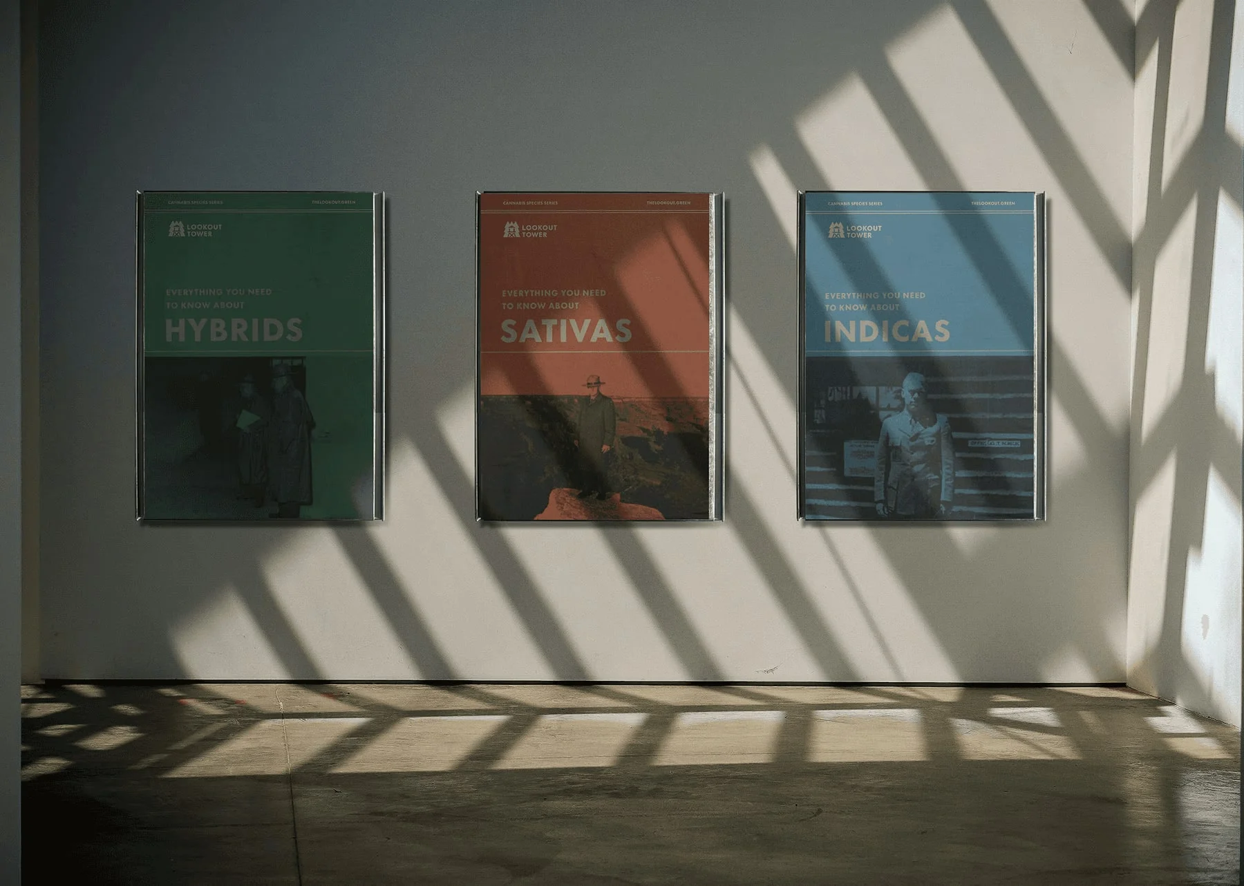 Three Lookout Tower product-category posters in green, rust, and blue.