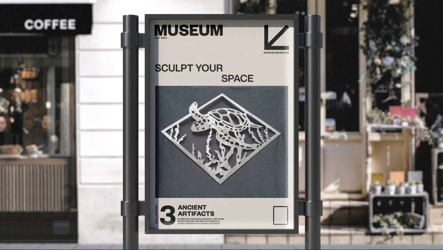 Museum street sign with a furniture illustration and Sculpt your space headline.
