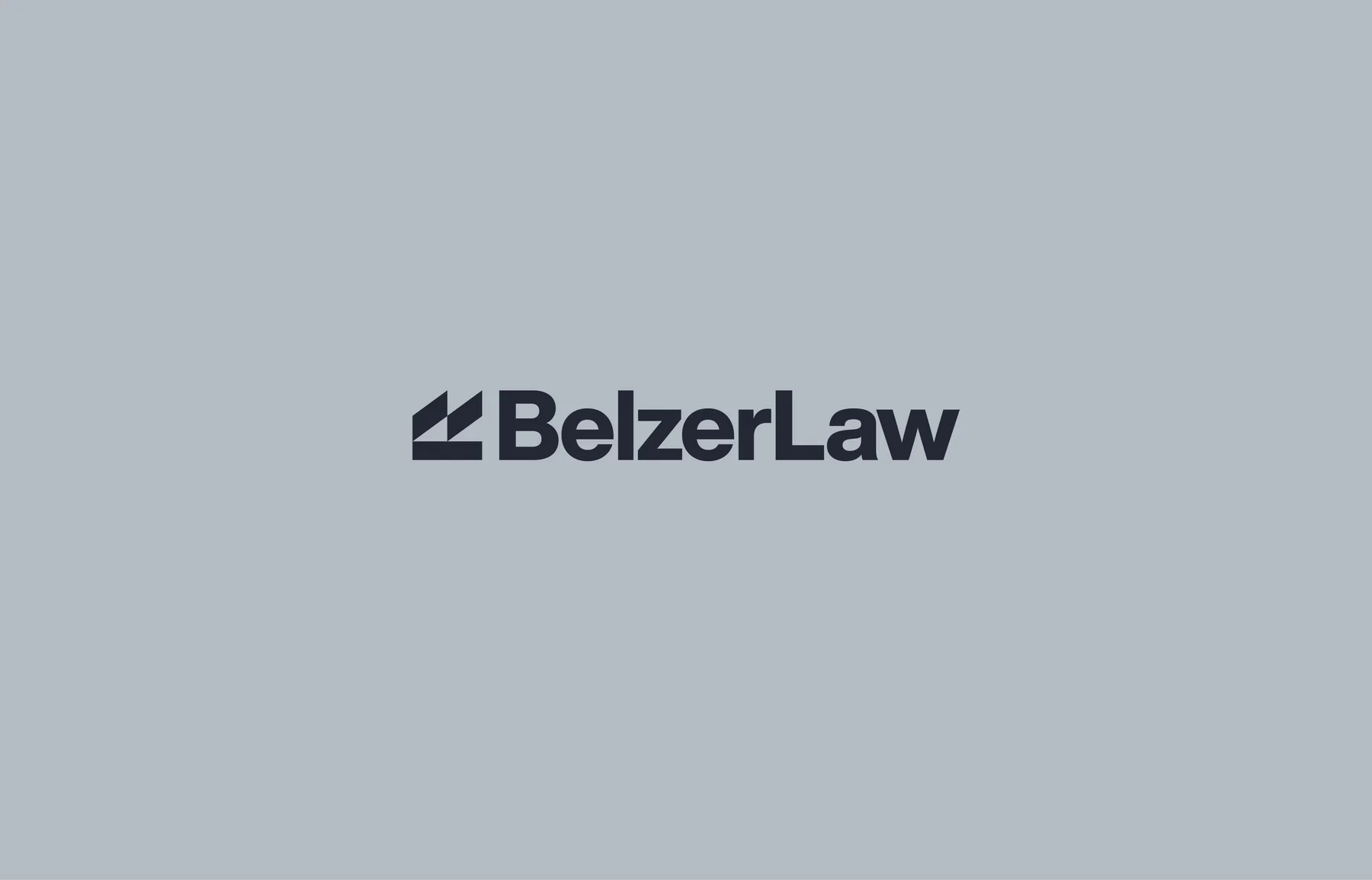 Dark Belzer Law wordmark and geometric symbol on blue-gray.
