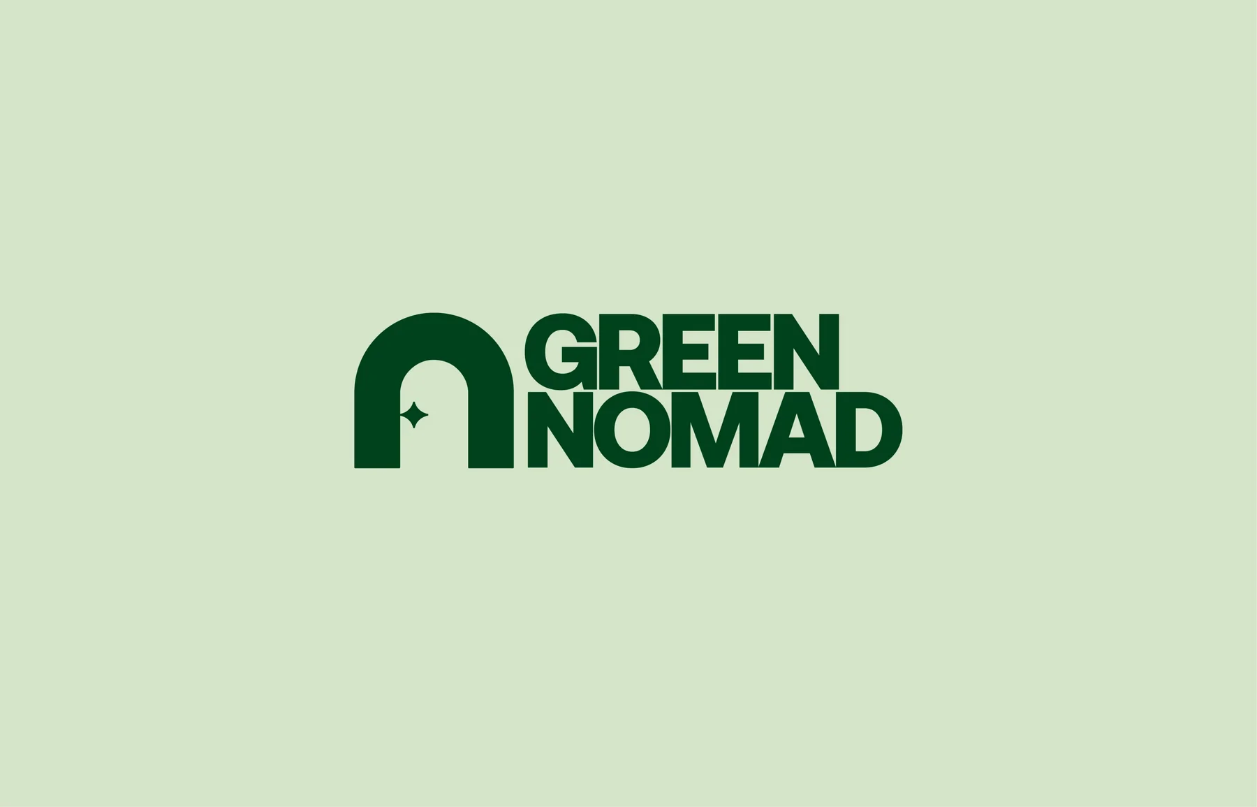 Dark green Green Nomad wordmark and doorway symbol on pale green.