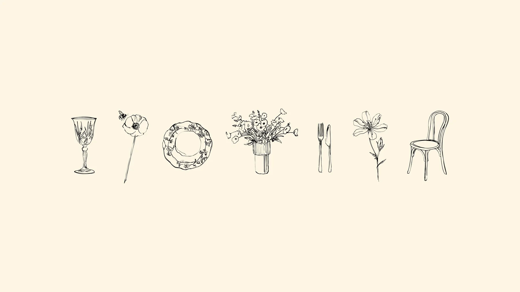Fine line illustrations of tableware, flowers, and a chair.