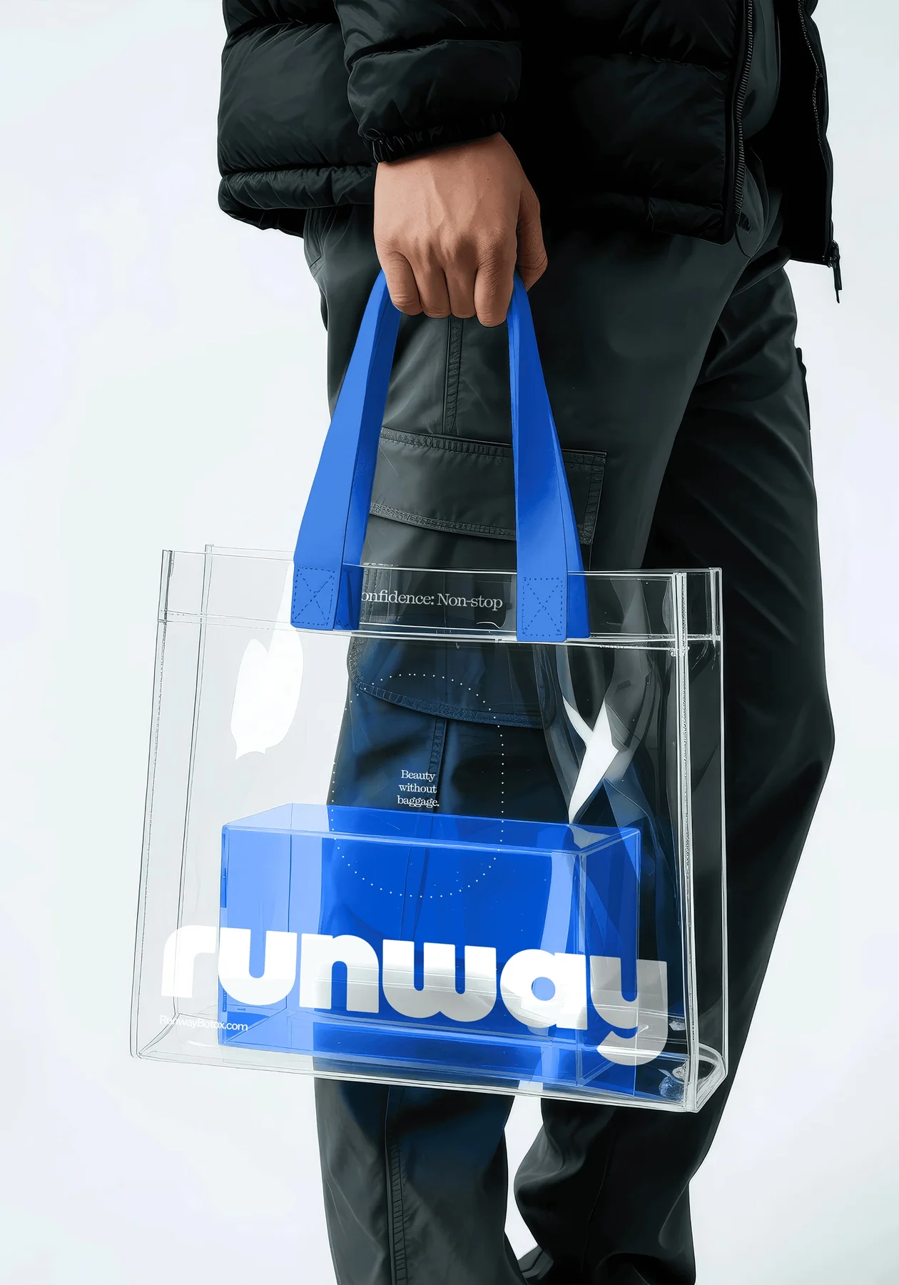 Transparent Runway tote with blue handles and a blue pouch.