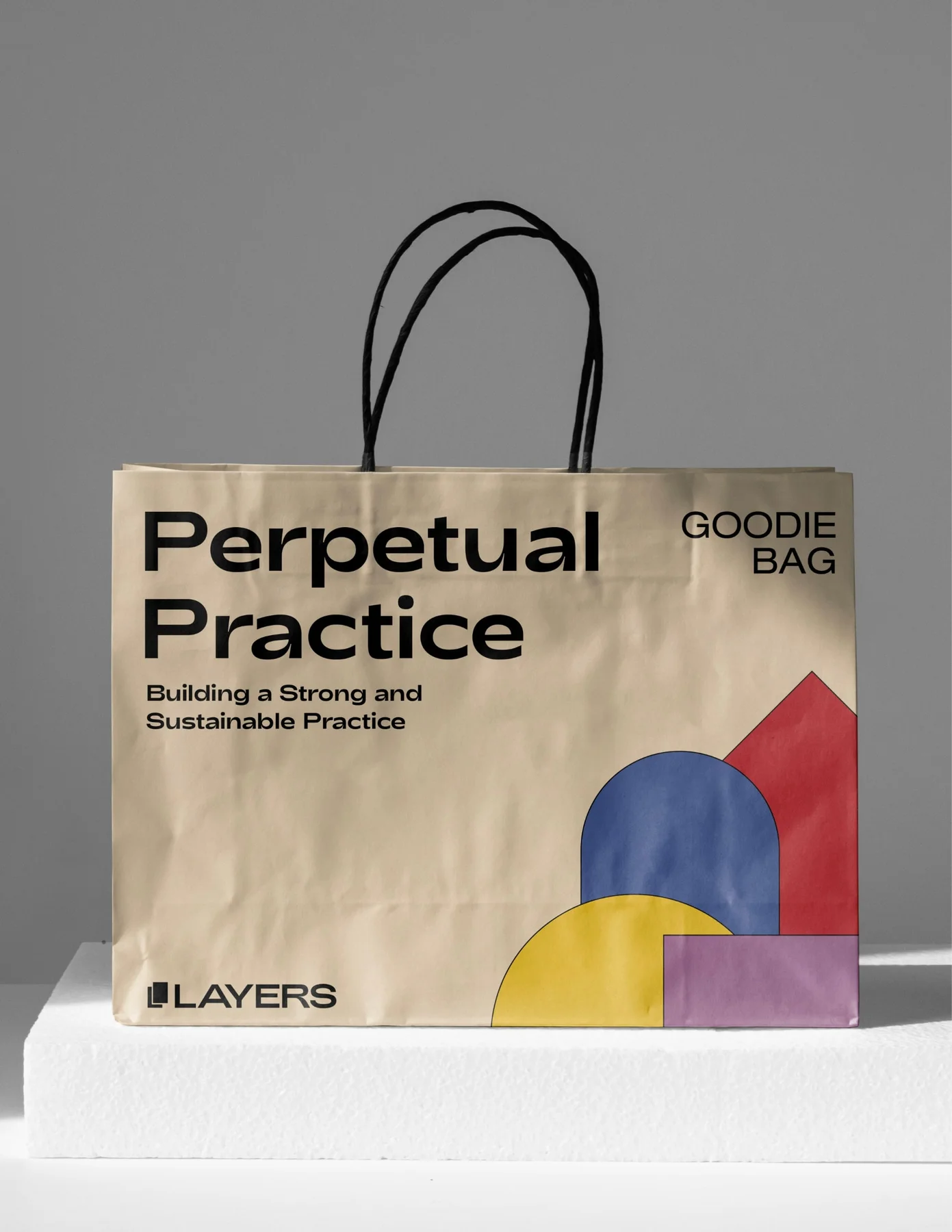 Layers paper bag with colorful shapes and Perpetual Practice headline.