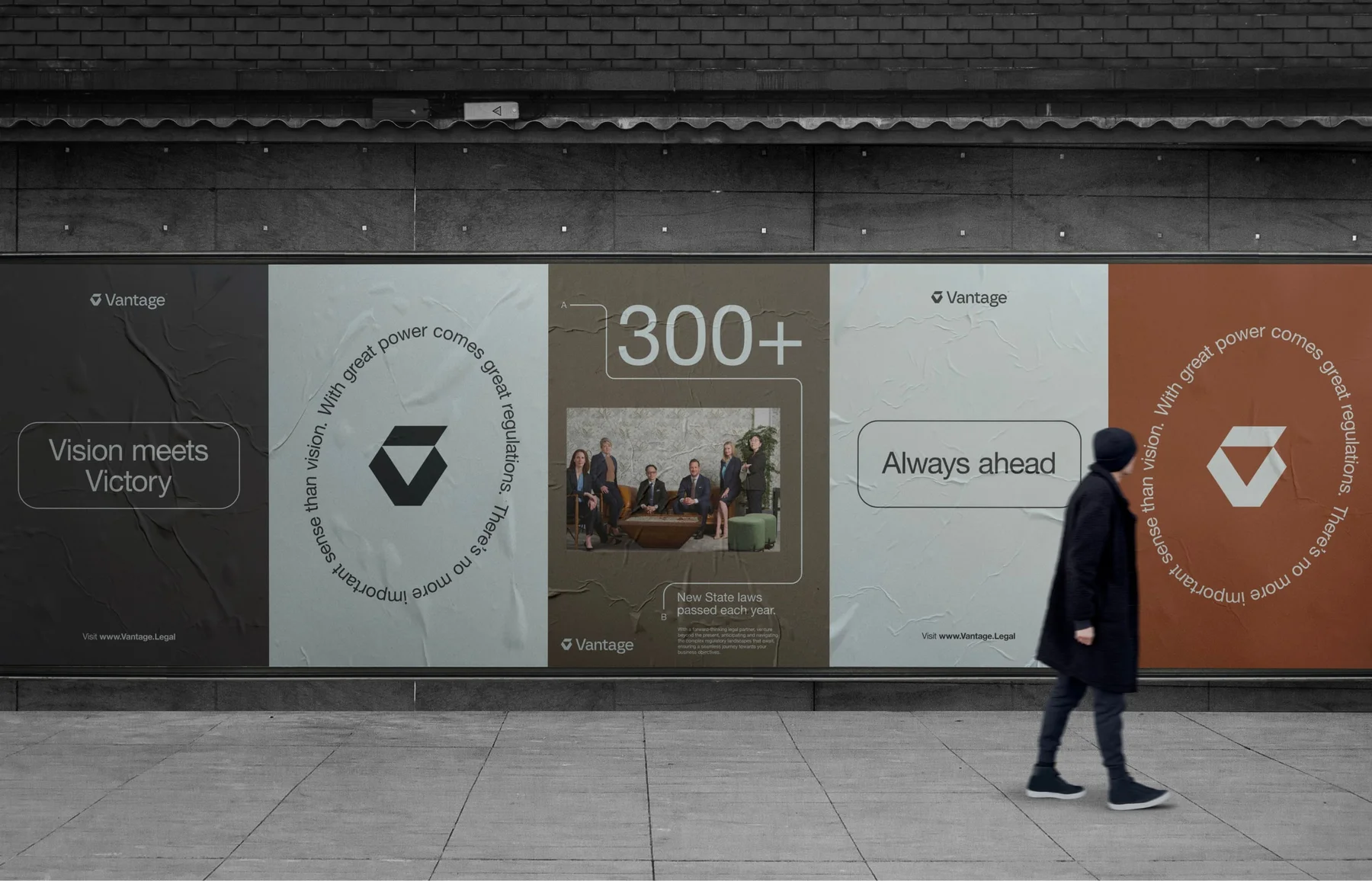 Vantage window posters with muted colors, photographs, and circular text.