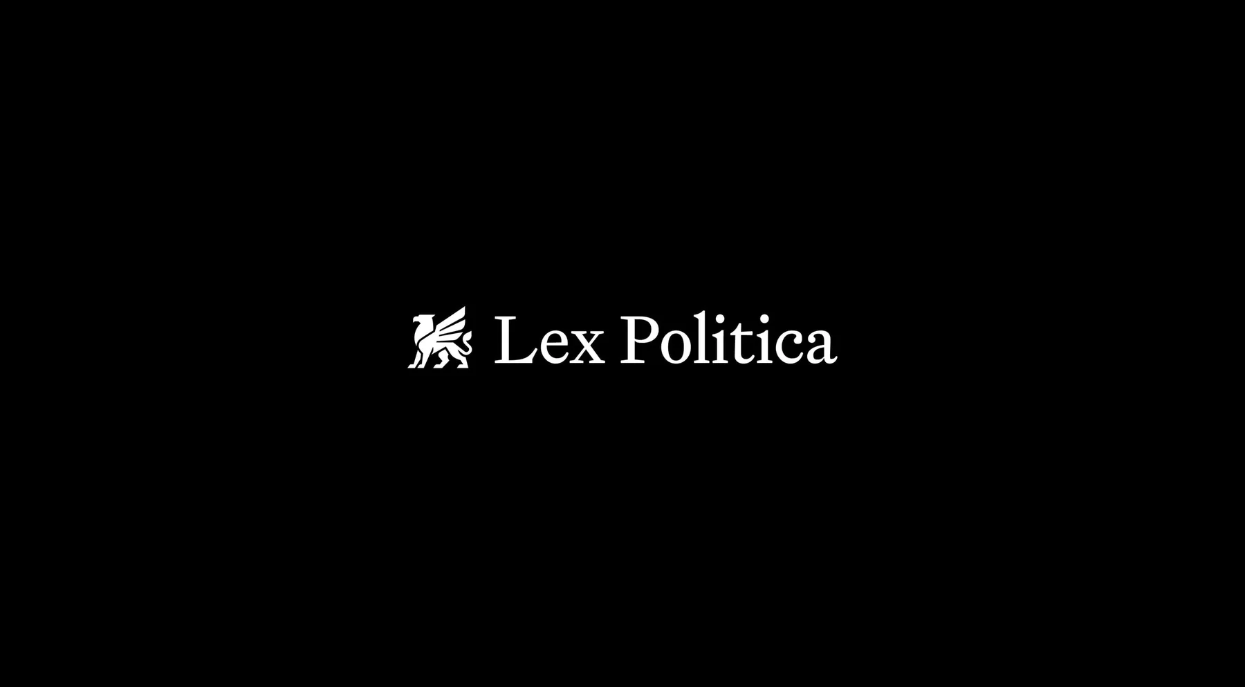 White Lex Politica wordmark and griffin on black.