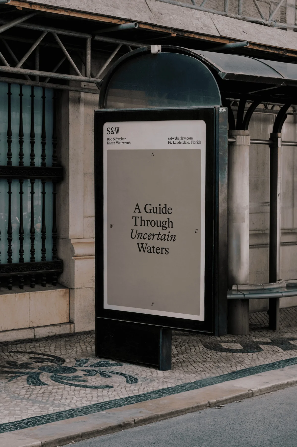 Minimal S&W street poster reading A Guide Through Uncertain Waters.