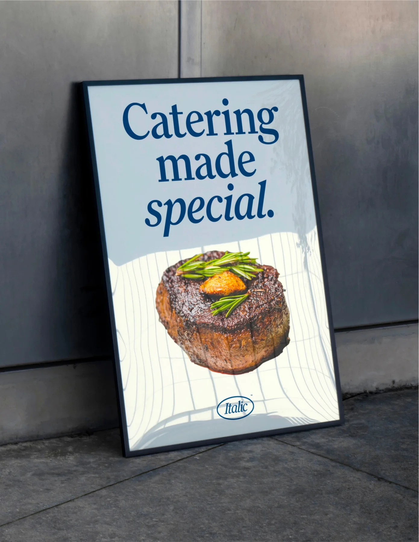 Italic catering poster with a food photograph.