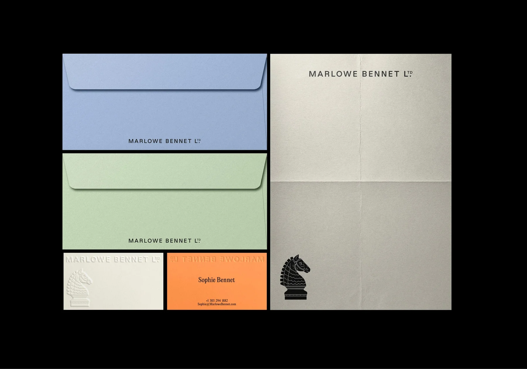 Marlowe Bennet stationery with pastel envelopes and a chess-knight emblem.