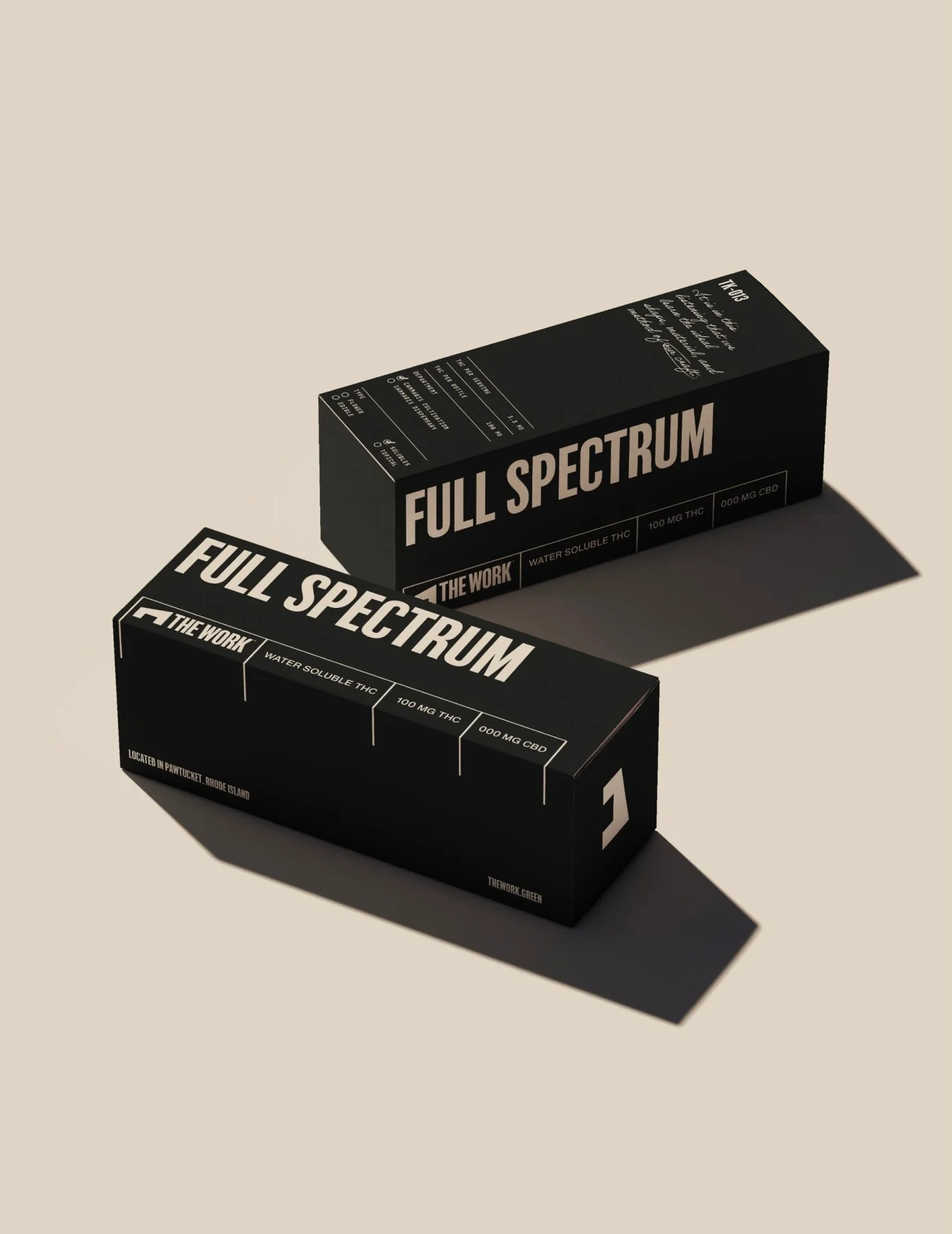 Black Full Spectrum product boxes for The Work.