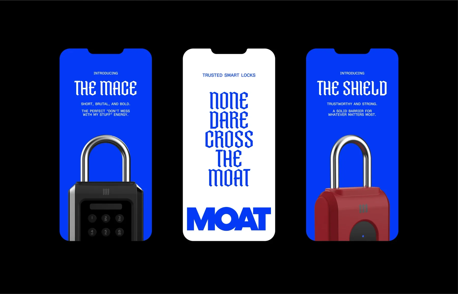 Three Moat mobile layouts showing smart locks and medieval-inspired typography.