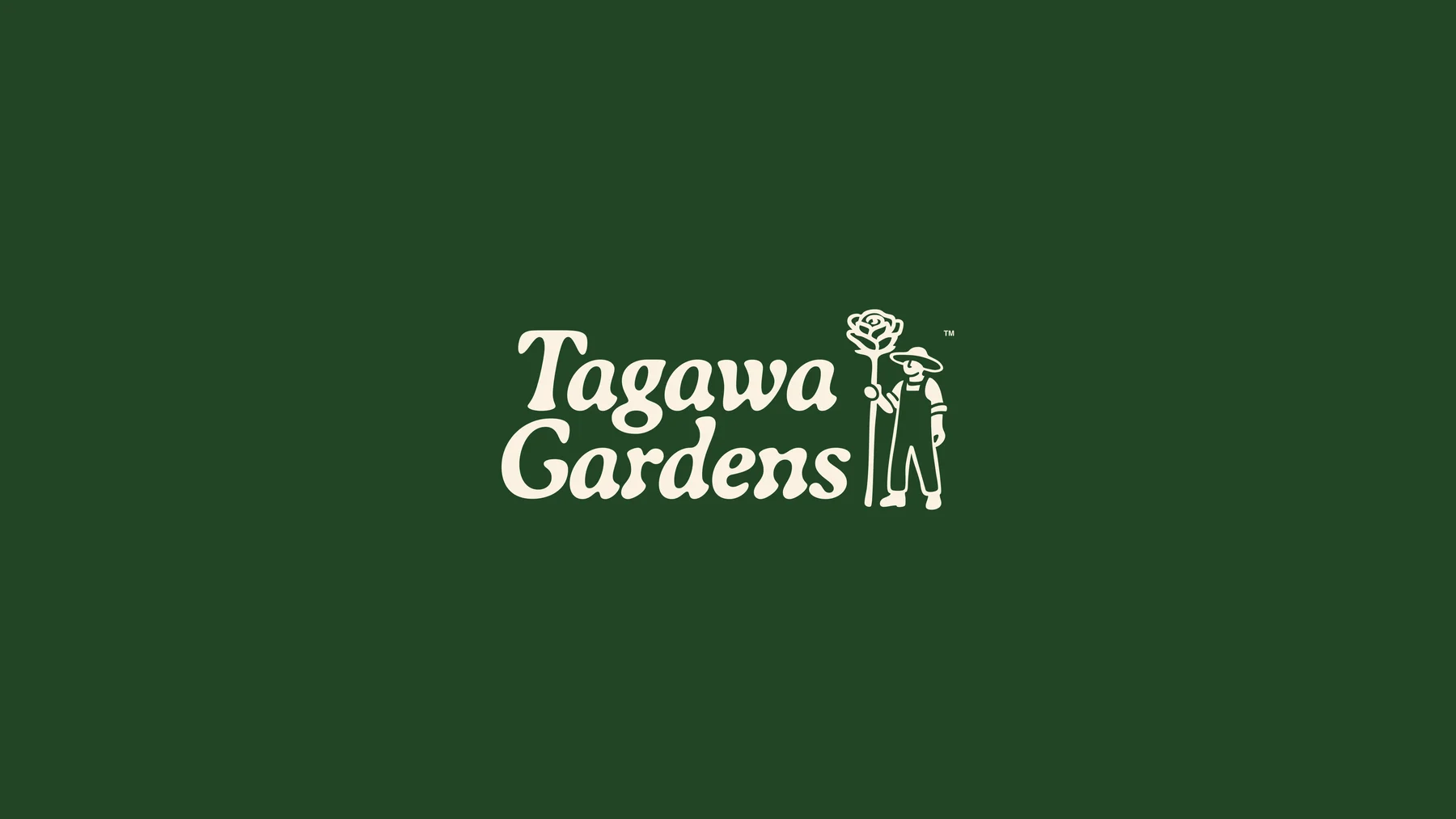 Cream Tagawa Gardens wordmark and gardener illustration on dark green.