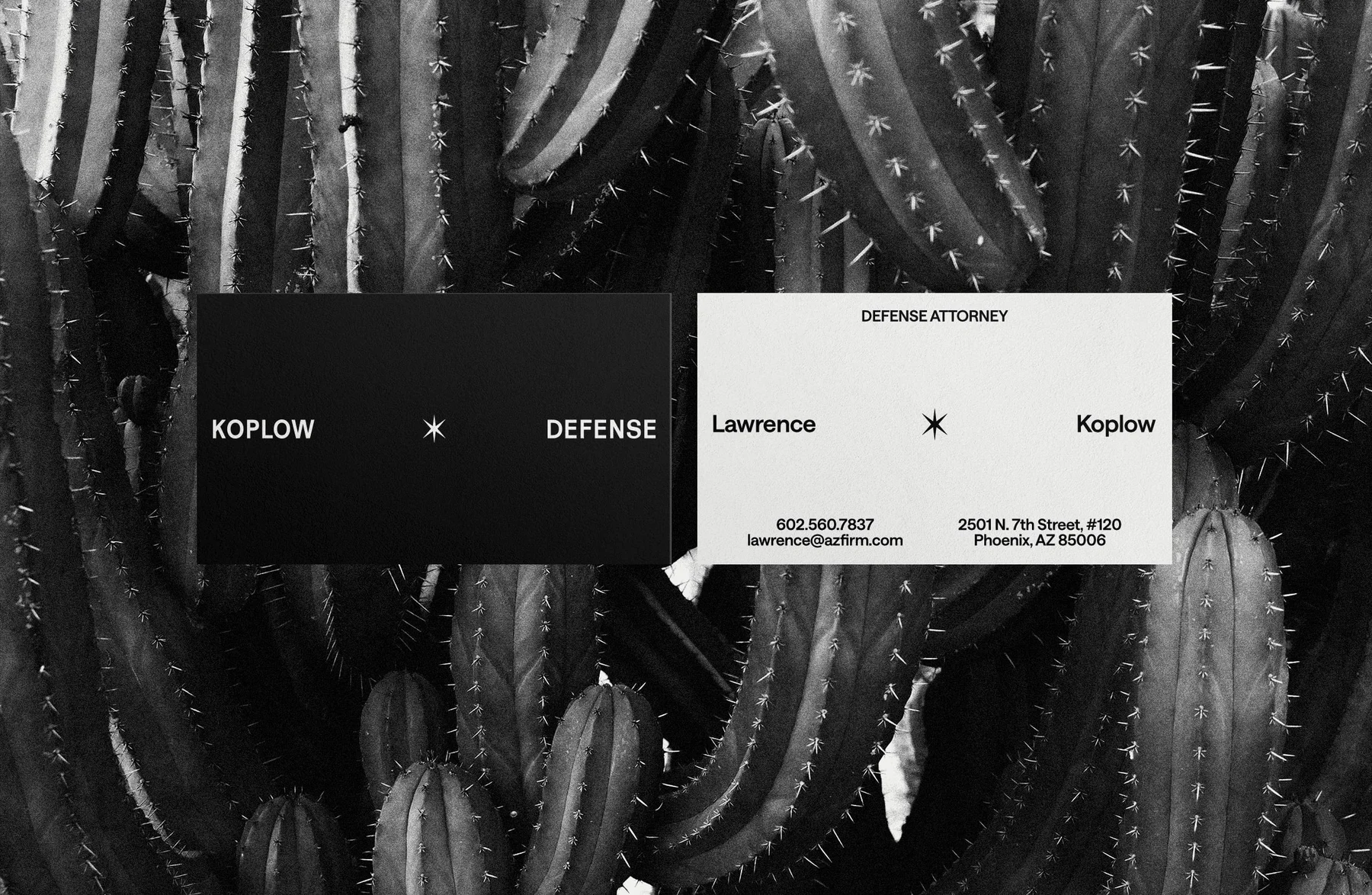 Black and white Koplow Defense business cards over cactus photography.