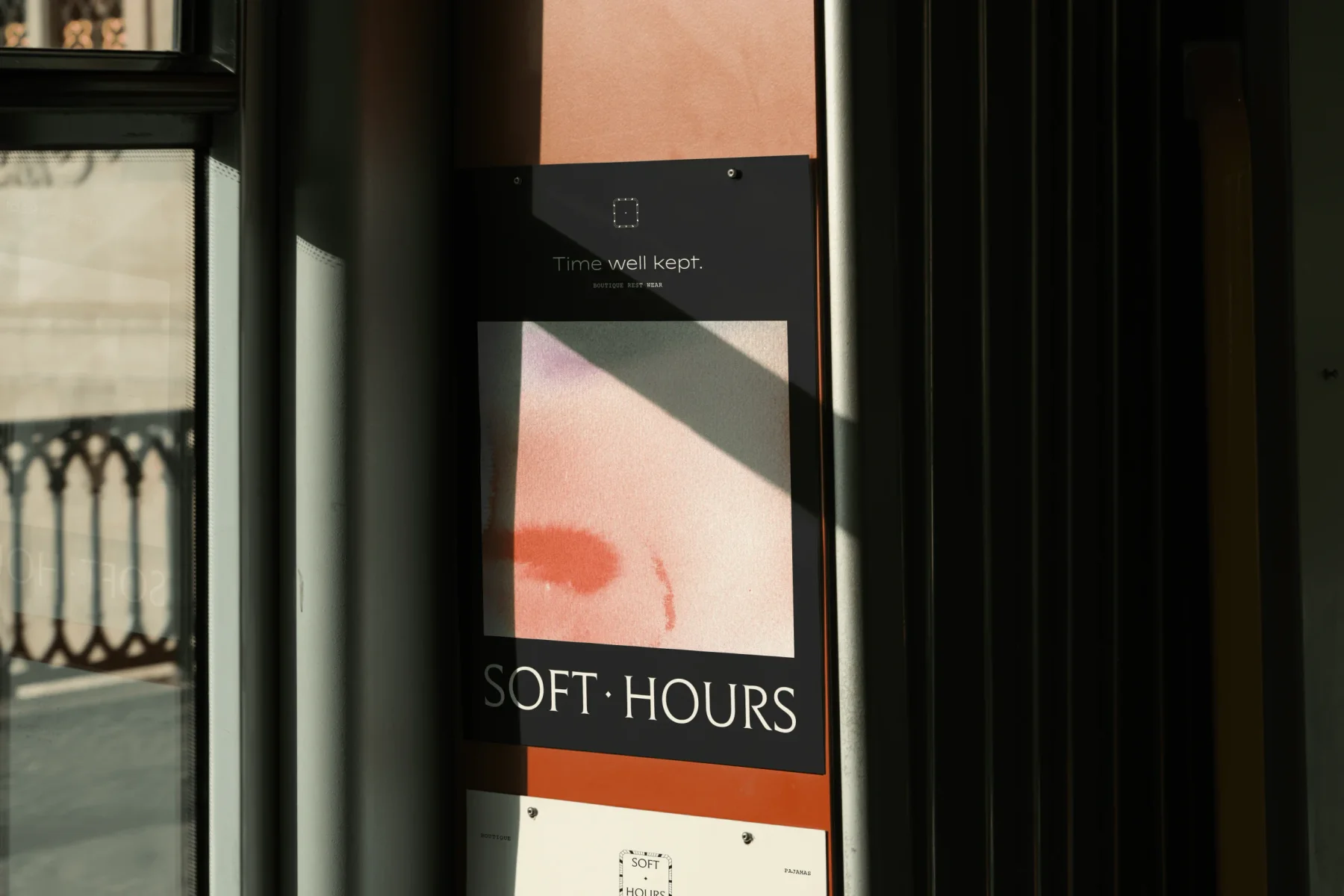 Soft Hours storefront posters with warm watercolor artwork.