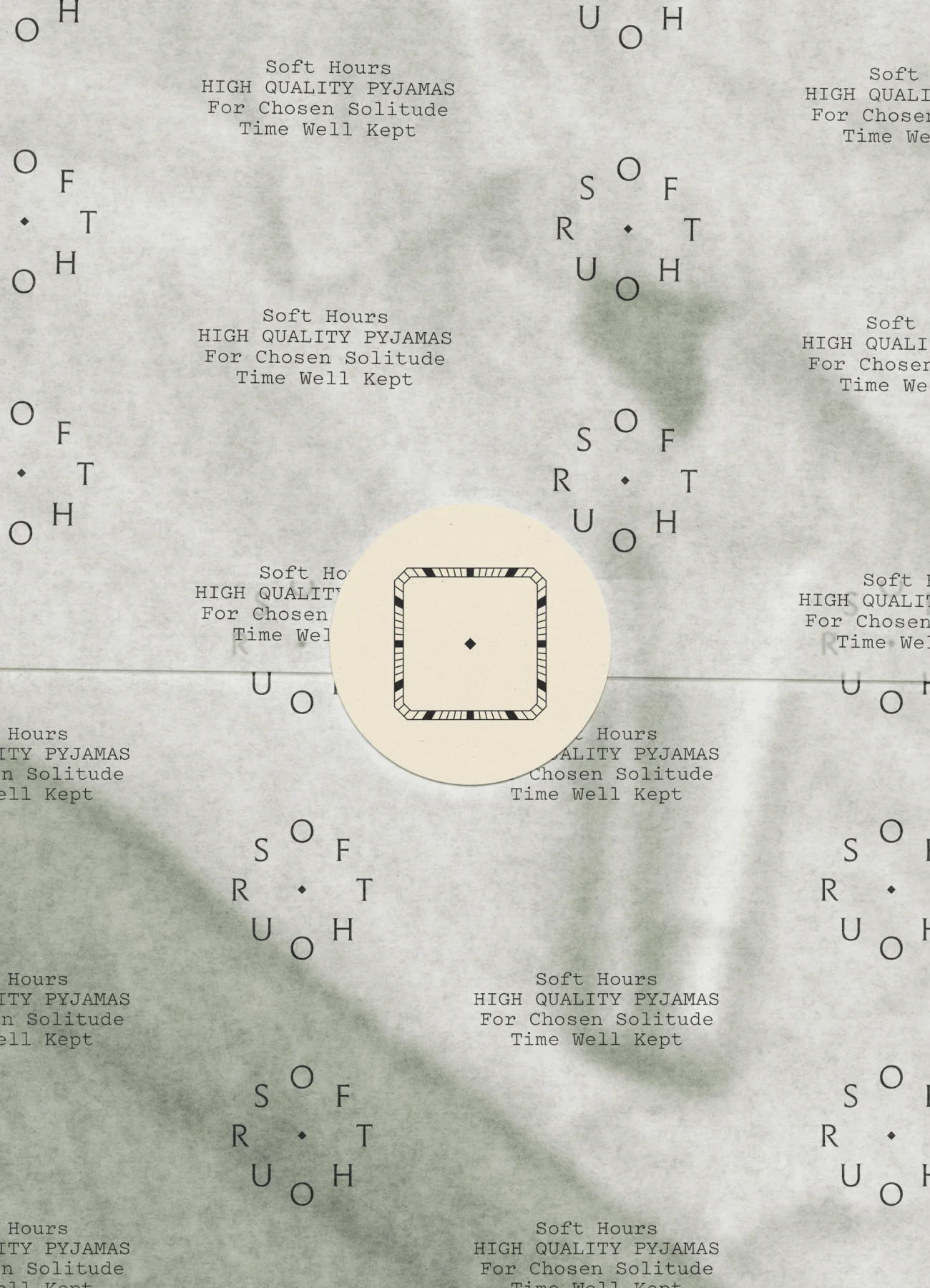 Repeating Soft Hours typography printed on translucent tissue paper.