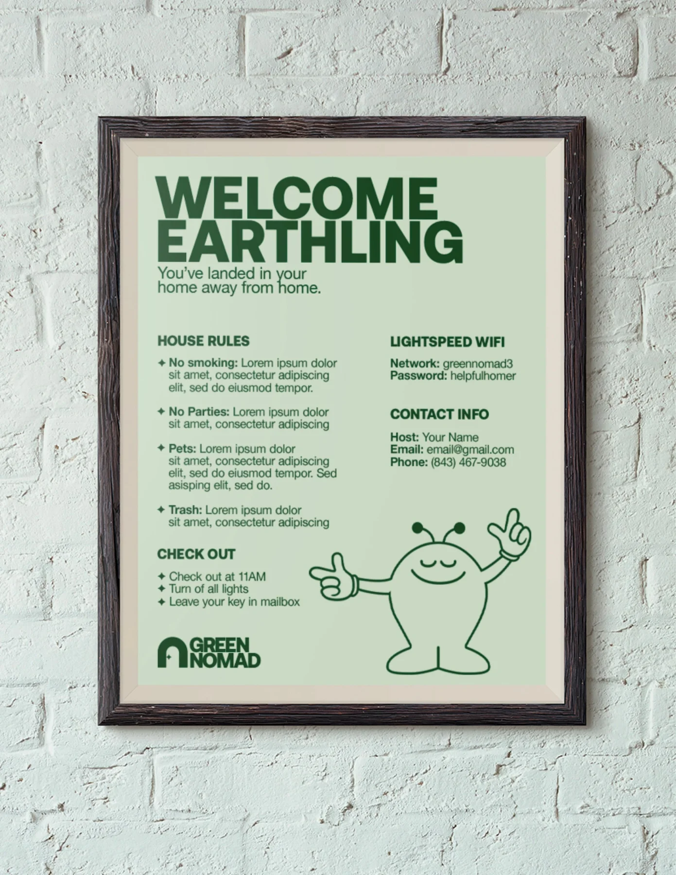 Framed Green Nomad house-rules poster headed Welcome Earthling.