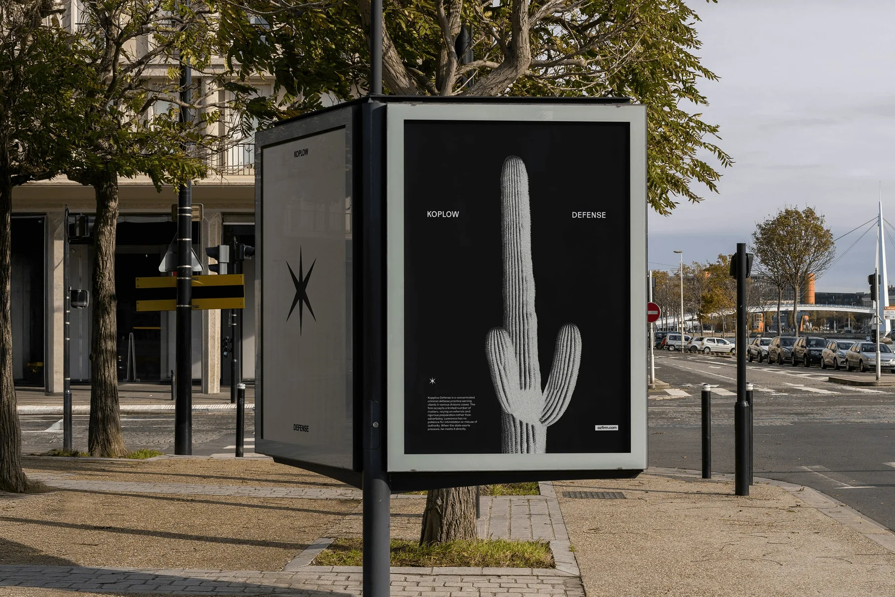 Koplow Defense street display with monochrome cactus imagery.