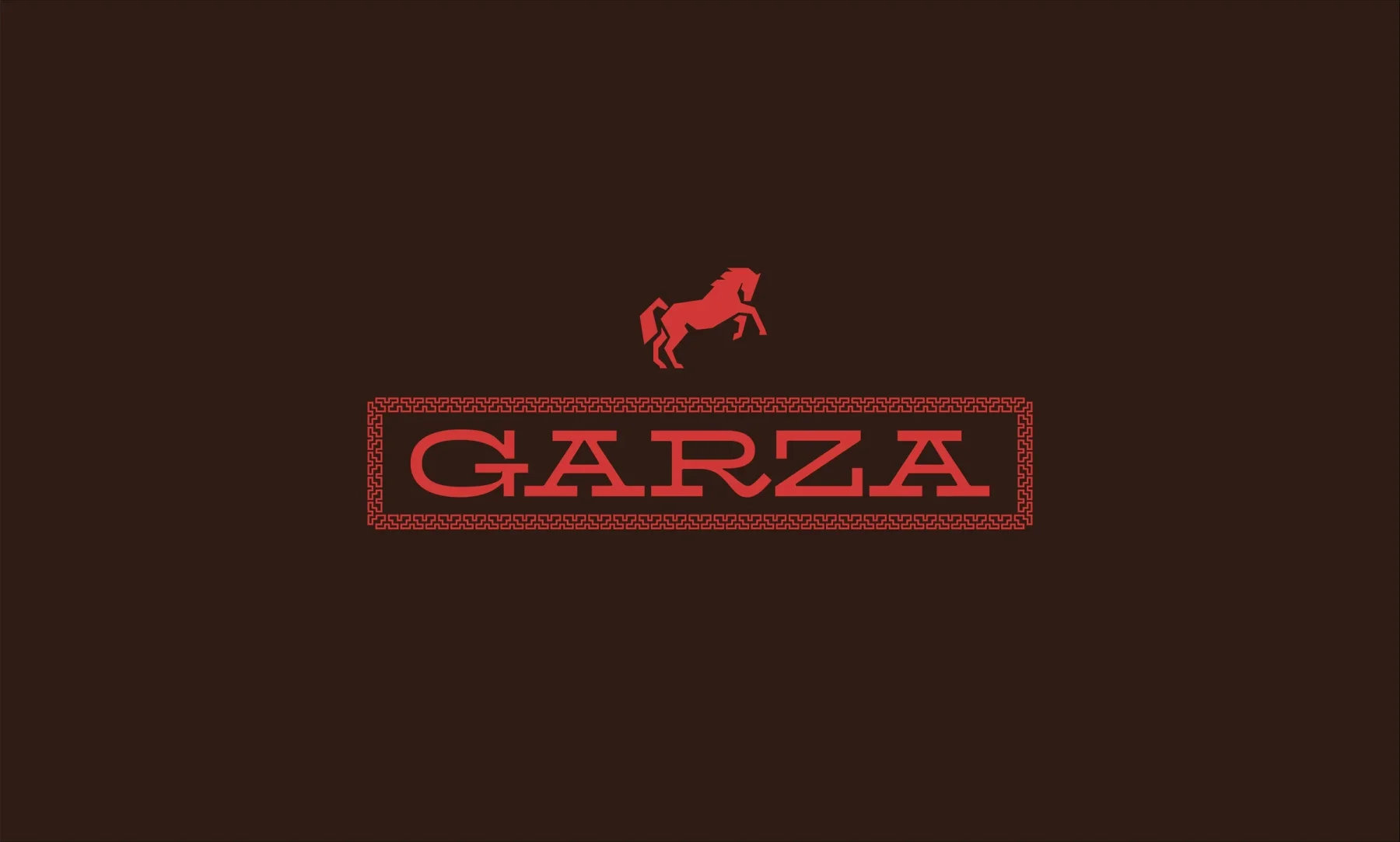 Red Garza wordmark and horse emblem on dark brown.