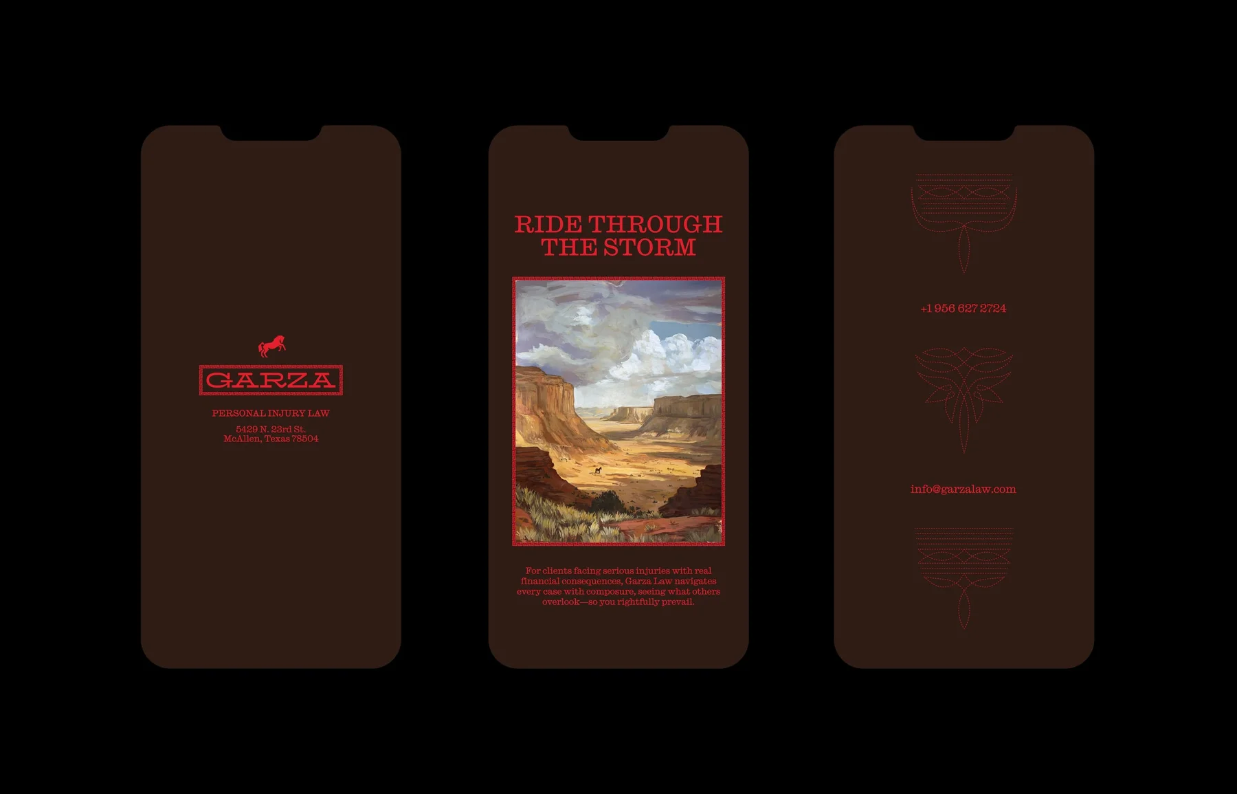 Three Garza mobile website screens with brown backgrounds and desert artwork.
