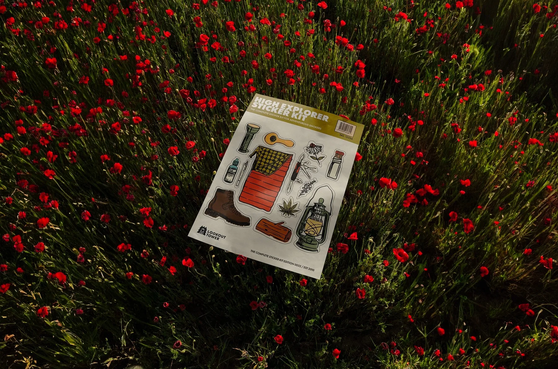 Illustrated Lookout Tower printed sheet lying among red wildflowers.