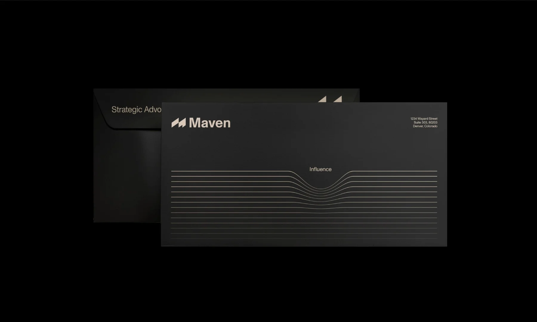 Black Maven envelope and stationery with fine horizontal lines.