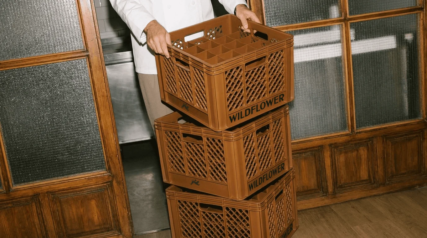 Person stacking brown Wildflower crates beside a wooden doorway.
