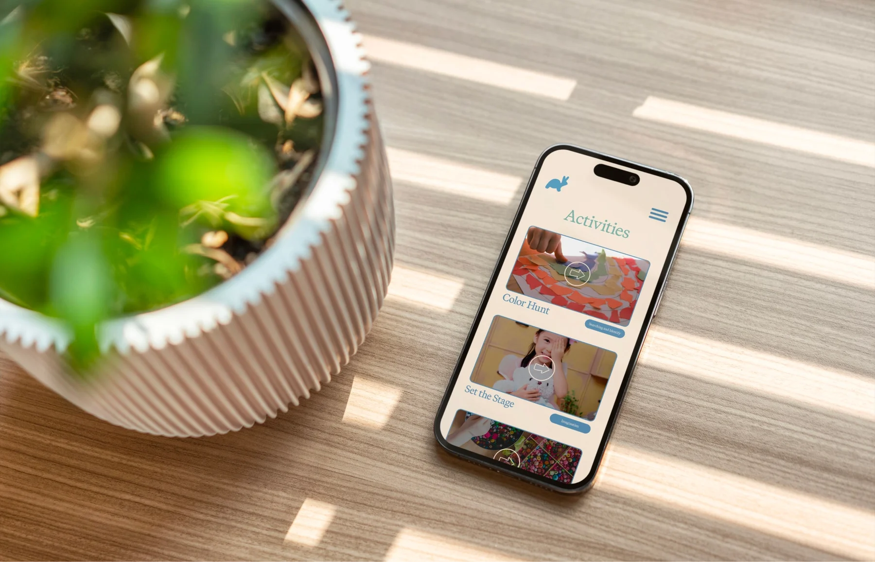 Nylo website on a phone beside a potted plant.