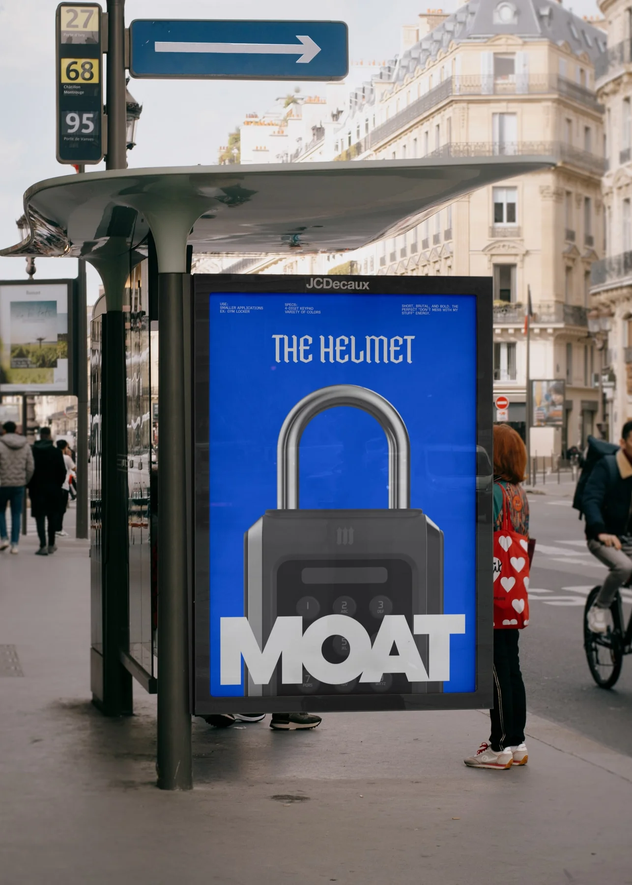Blue Moat bus-shelter poster featuring a smart lock.