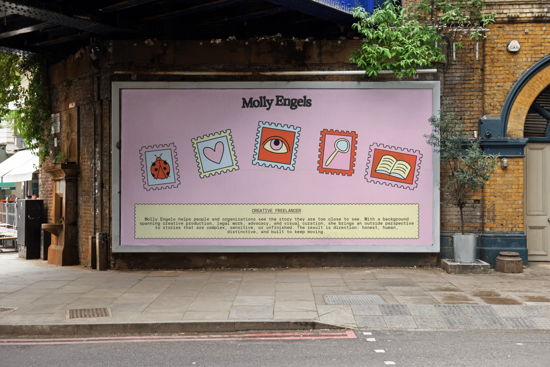 Molly Engels street billboard featuring illustrated postage stamps.
