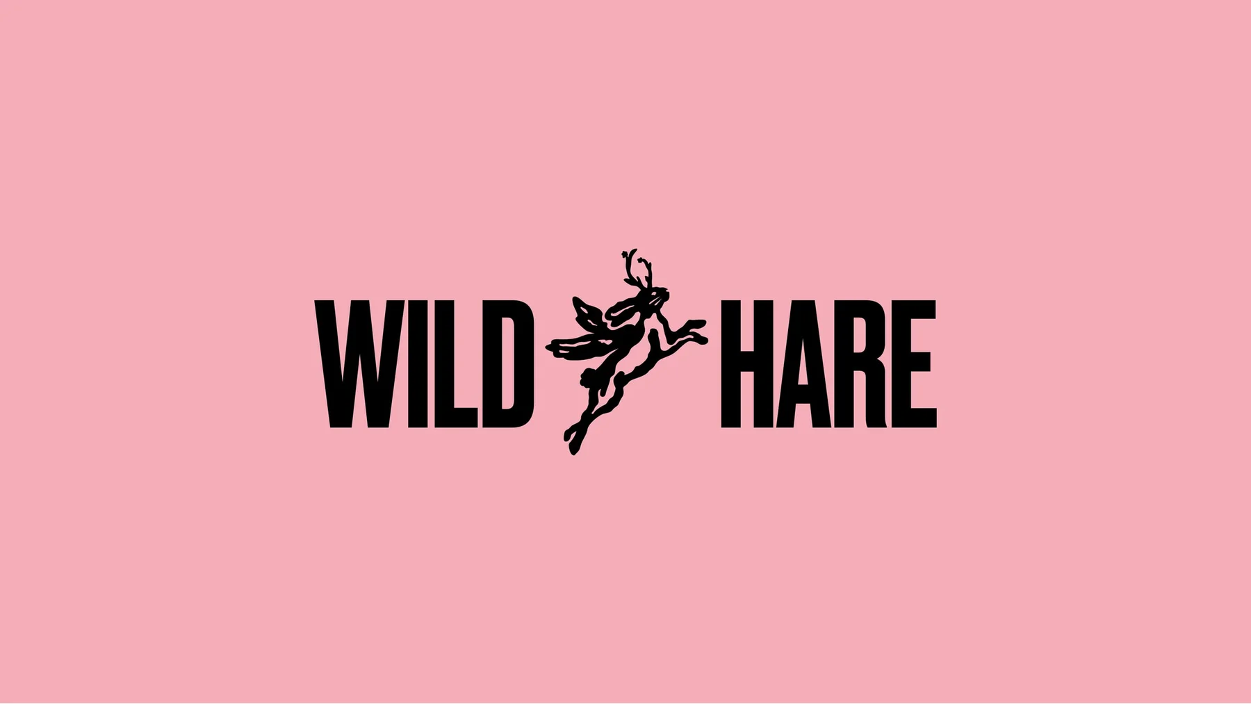 Black Wild Hare wordmark and leaping hare on pink.