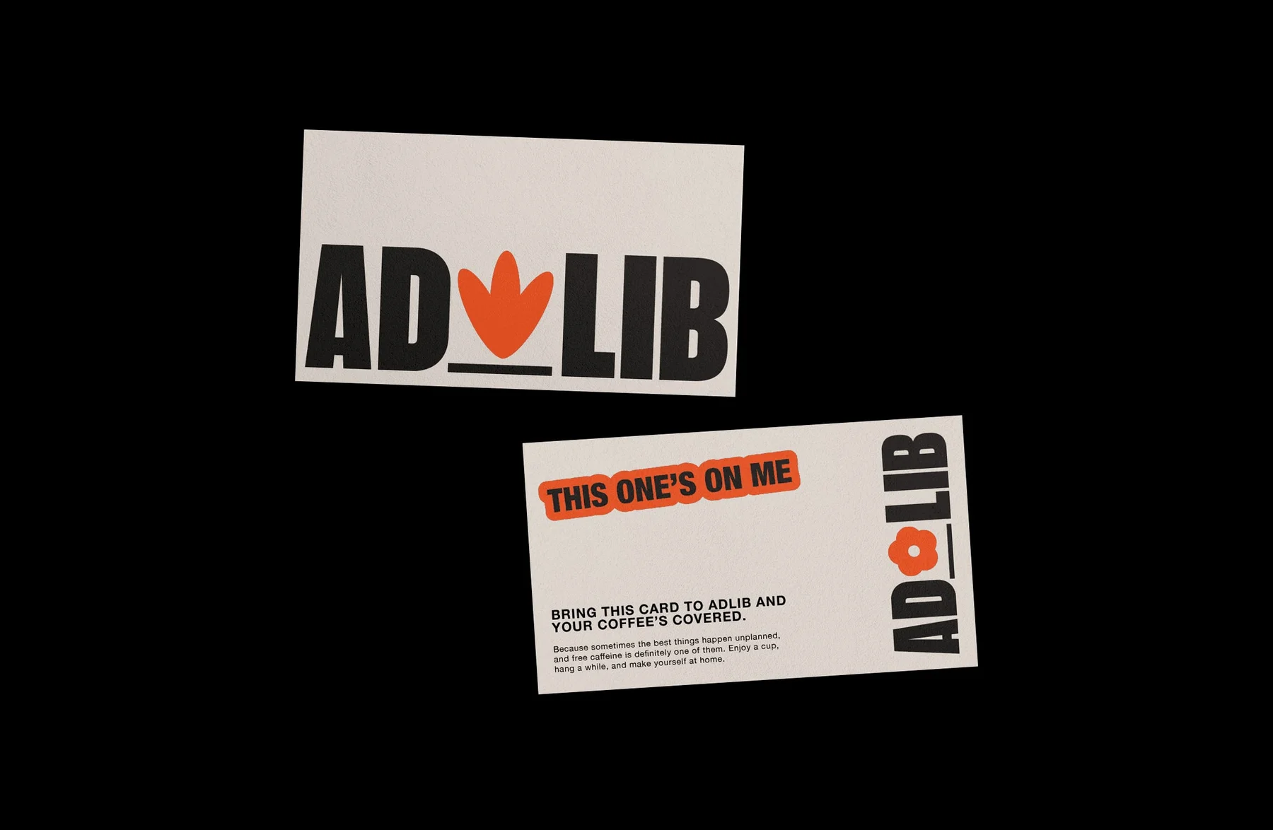 AdLib logo card and complimentary coffee card on black.
