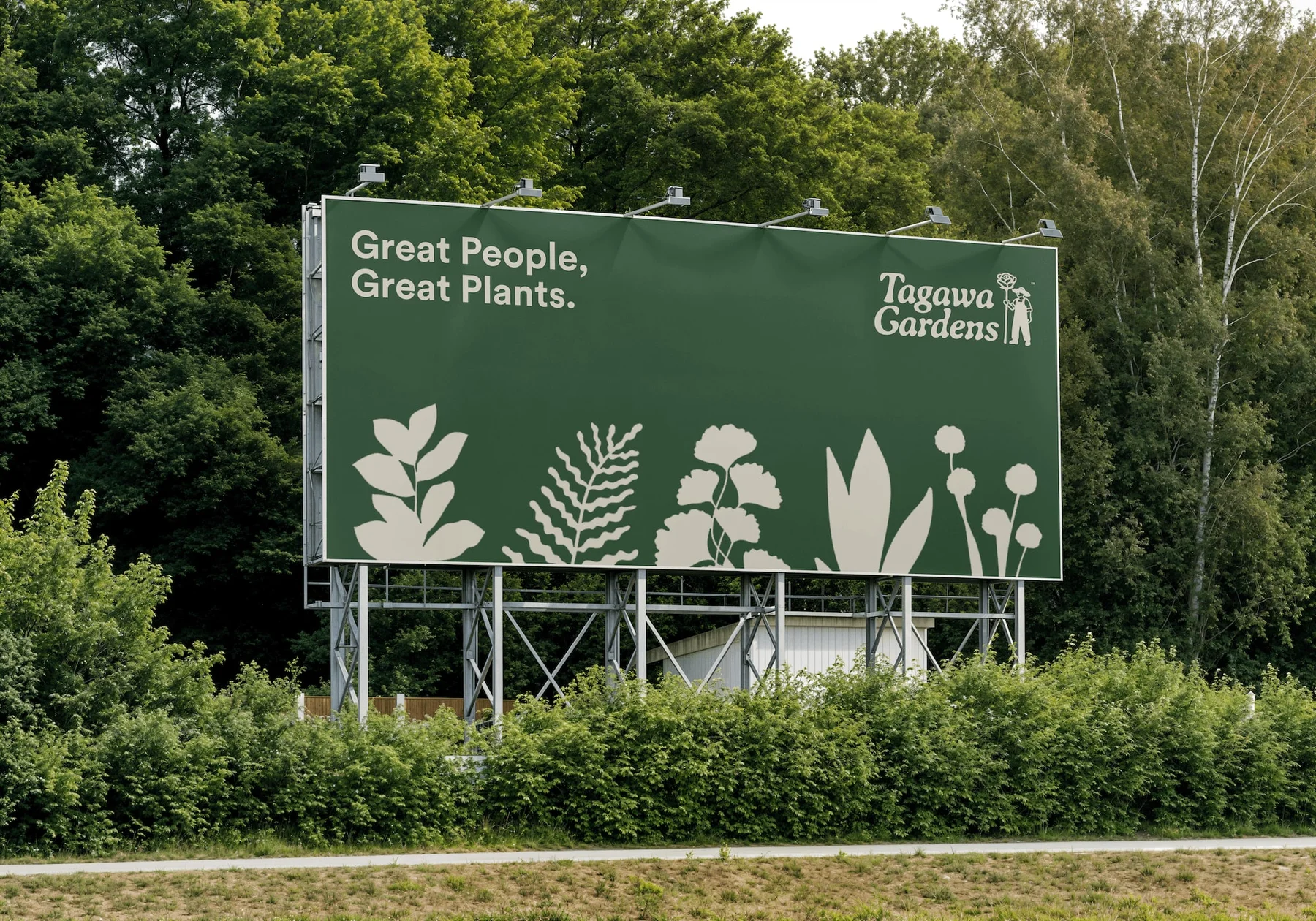 Tagawa Gardens roadside billboard with cream botanical silhouettes.