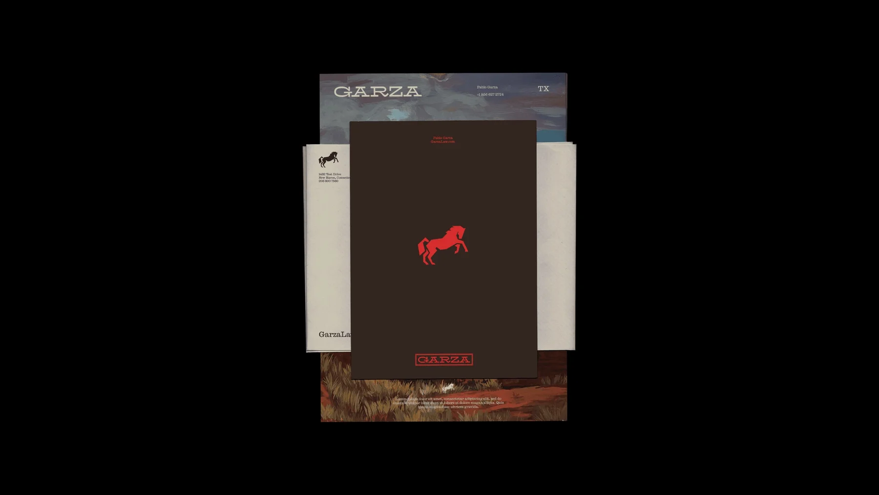 Layered Garza printed materials with a red horse emblem.