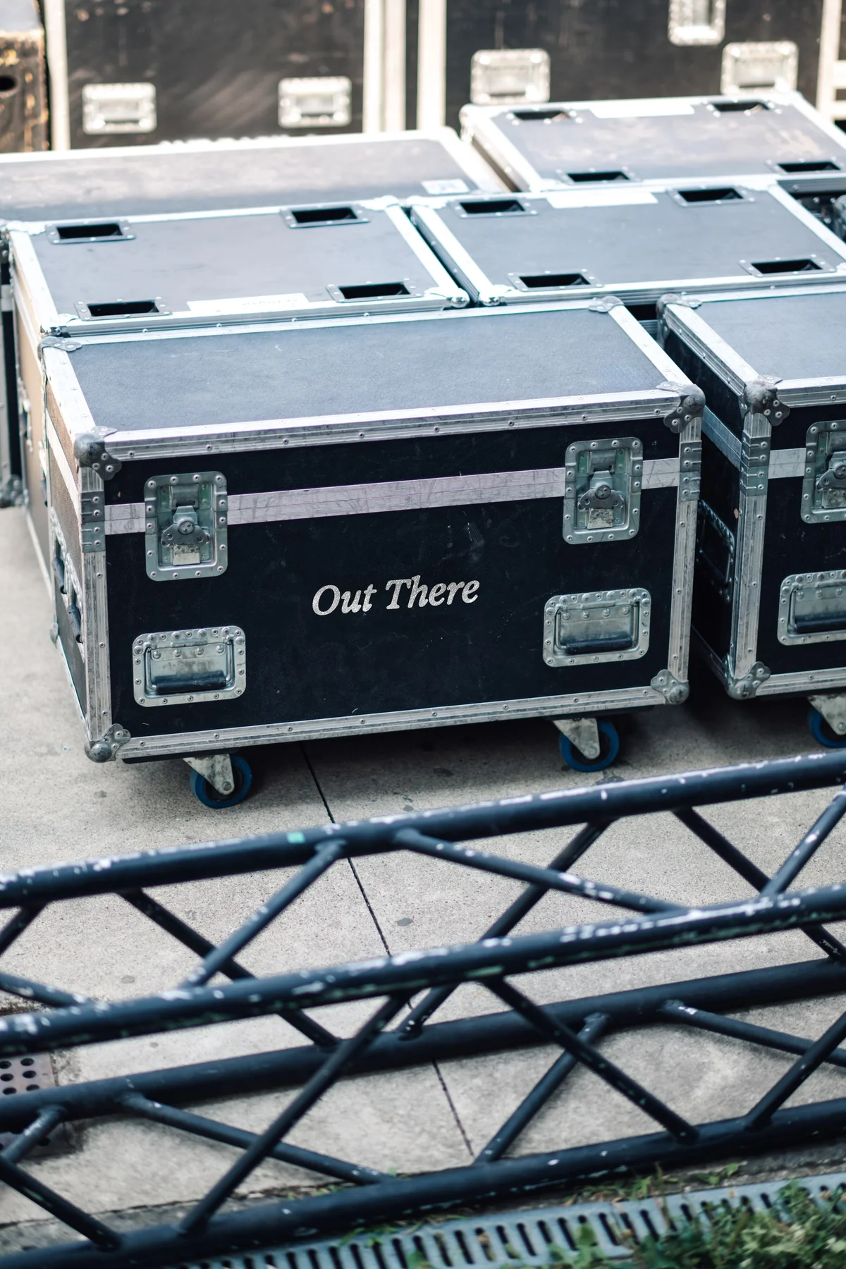 Black Out There equipment case resting on metal staging.