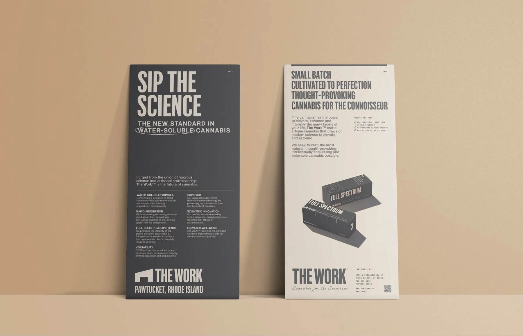 Two The Work printed panels with bold headlines and product imagery.