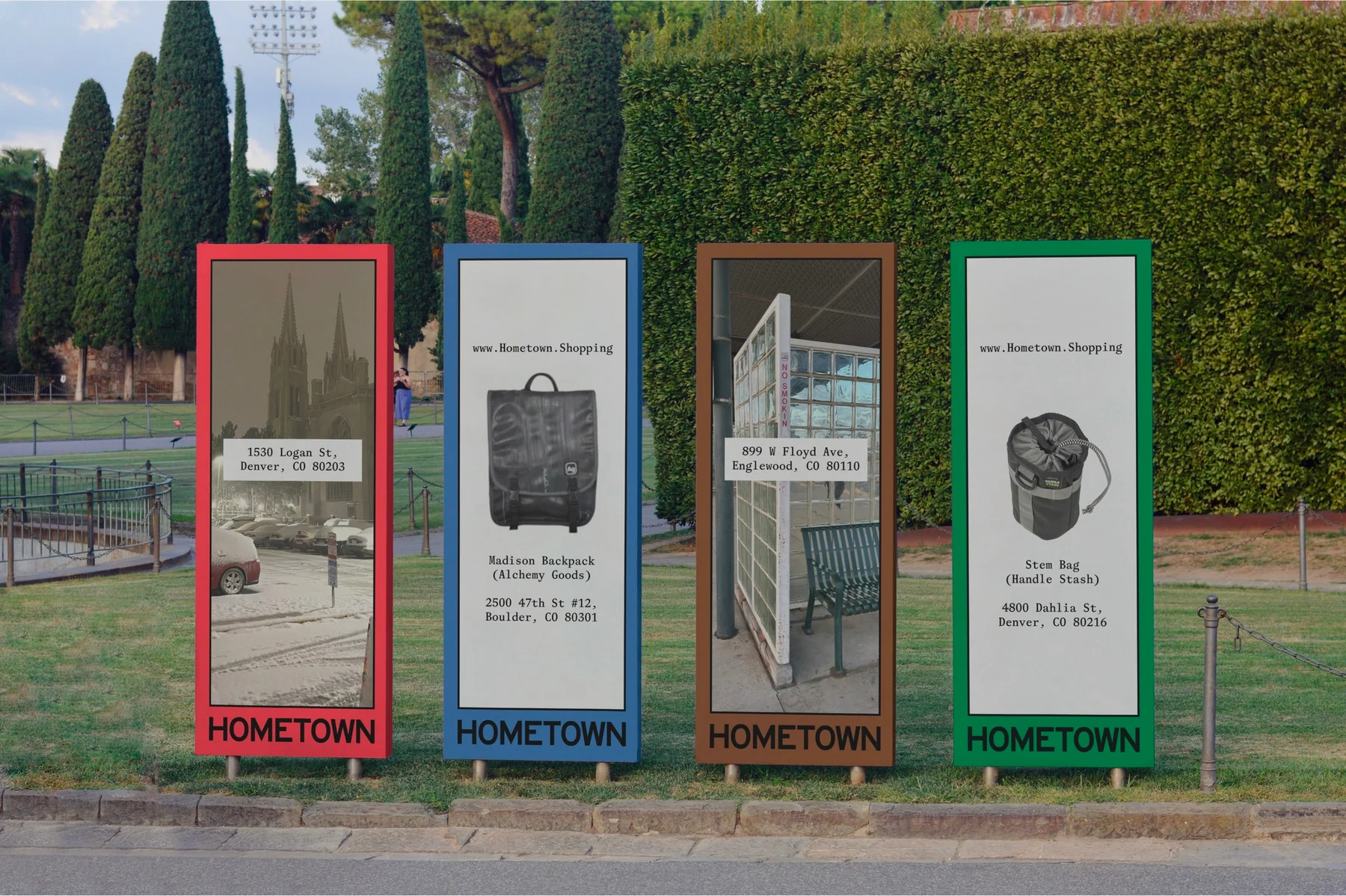 Four Hometown posters with red, blue, orange, and green borders.