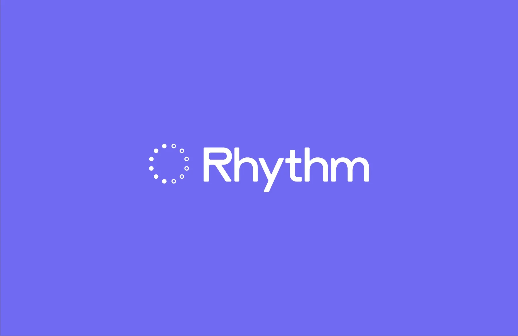 White Rhythm wordmark and dotted circular symbol on purple.