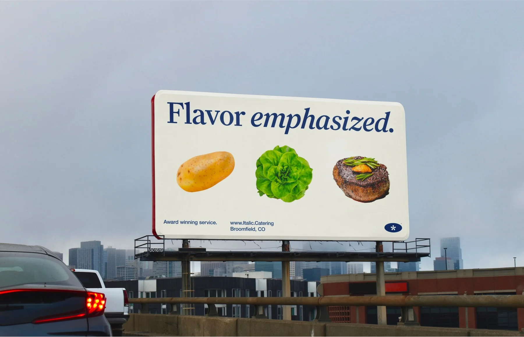 Italic billboard reading Flavor emphasized beside food photographs.